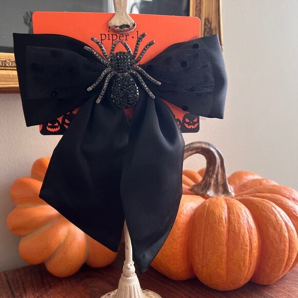 piper k Accessories - Piper K Rhinestone Spider Hair Bow Black Ribbon with Dotted Tulle